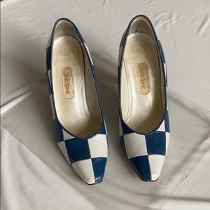 Handmade leather blue checker pattern heels